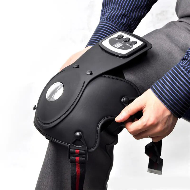 Knee massager unit with infrared heat therapy, adjustable temperature control, and included knee pads and shoulder pads.