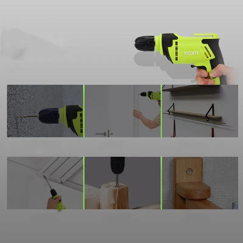 Pistol-grip electric power drill with a 10mm chuck, shown on a workbench.