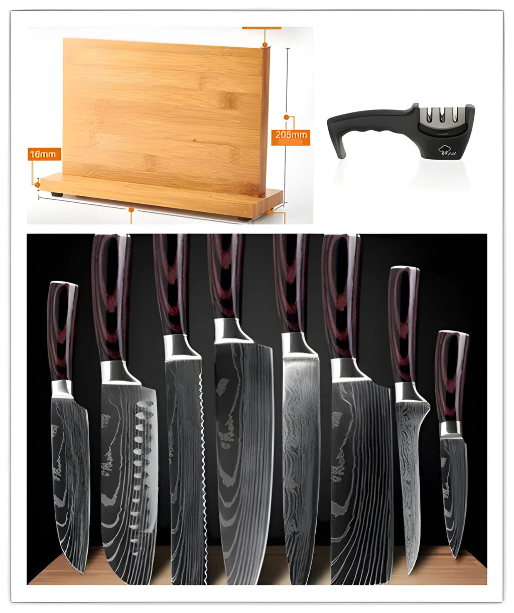 8-piece kitchen knife set showing chef knife, bread knife, boning knife, and fruit peel knife with varied blade sizes