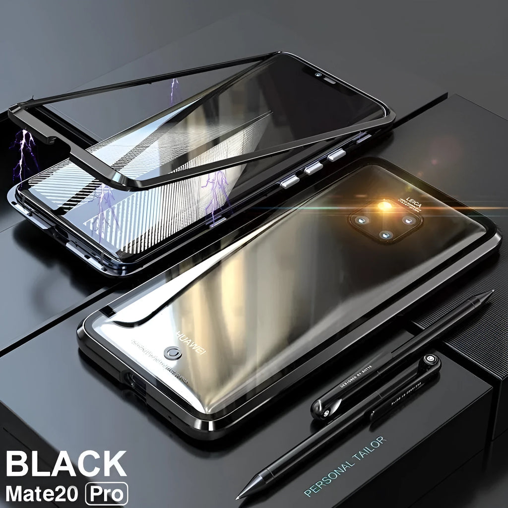 Black magnetic Huawei phone case with metal frame and clear tempered glass back