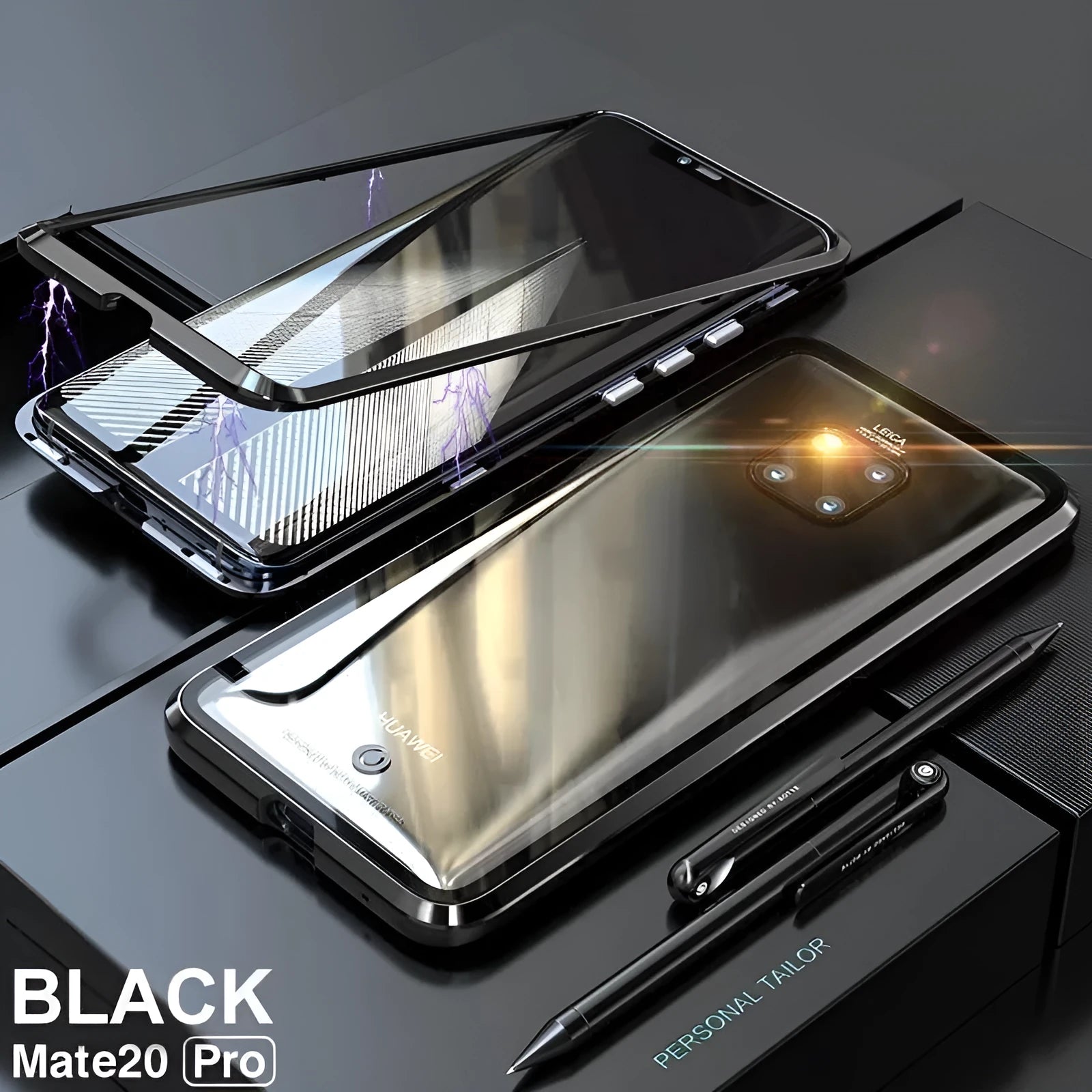 Black magnetic Huawei phone case with metal frame and clear tempered glass back