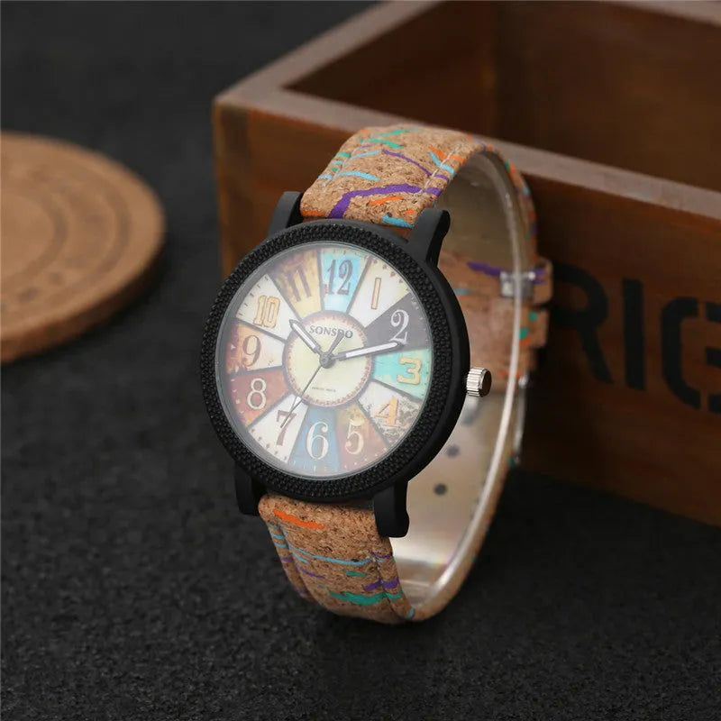 Casual women's wrist watch with leather strap showing 37mm round dial and stainless steel buckle