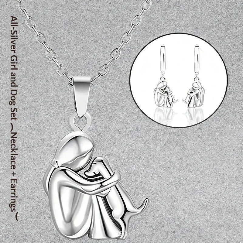 Little girl and dog hugging alloy earring set with O-ring chain necklace in colour option