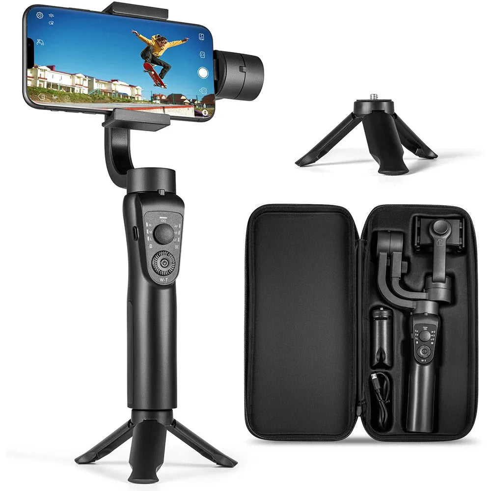 Black three-axis handheld phone gimbal stabiliser with tripod and hard case accessories