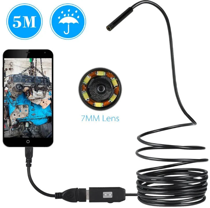 OWSOO USB endoscope camera with 5m cable, magnet, hook, and side audition tools for phone and computer inspection.