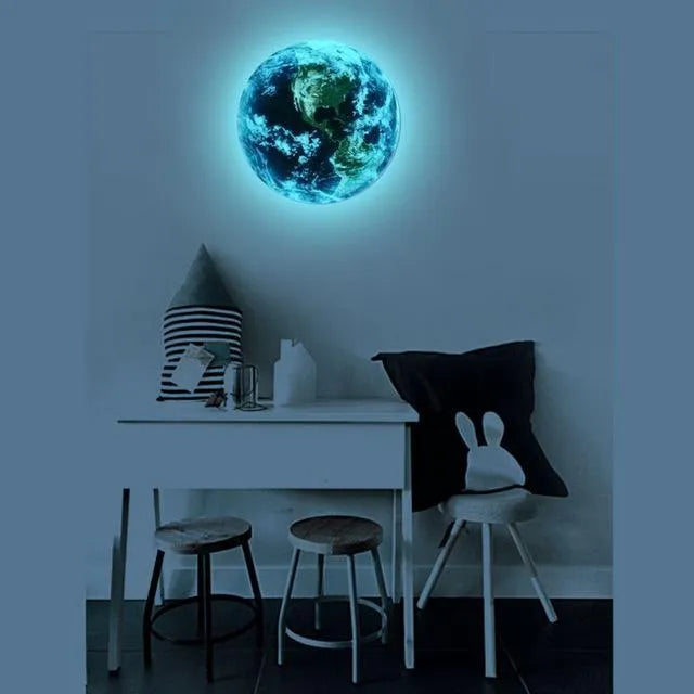 Glow in the dark 3D Earth wall sticker showing planet design in multiple size options