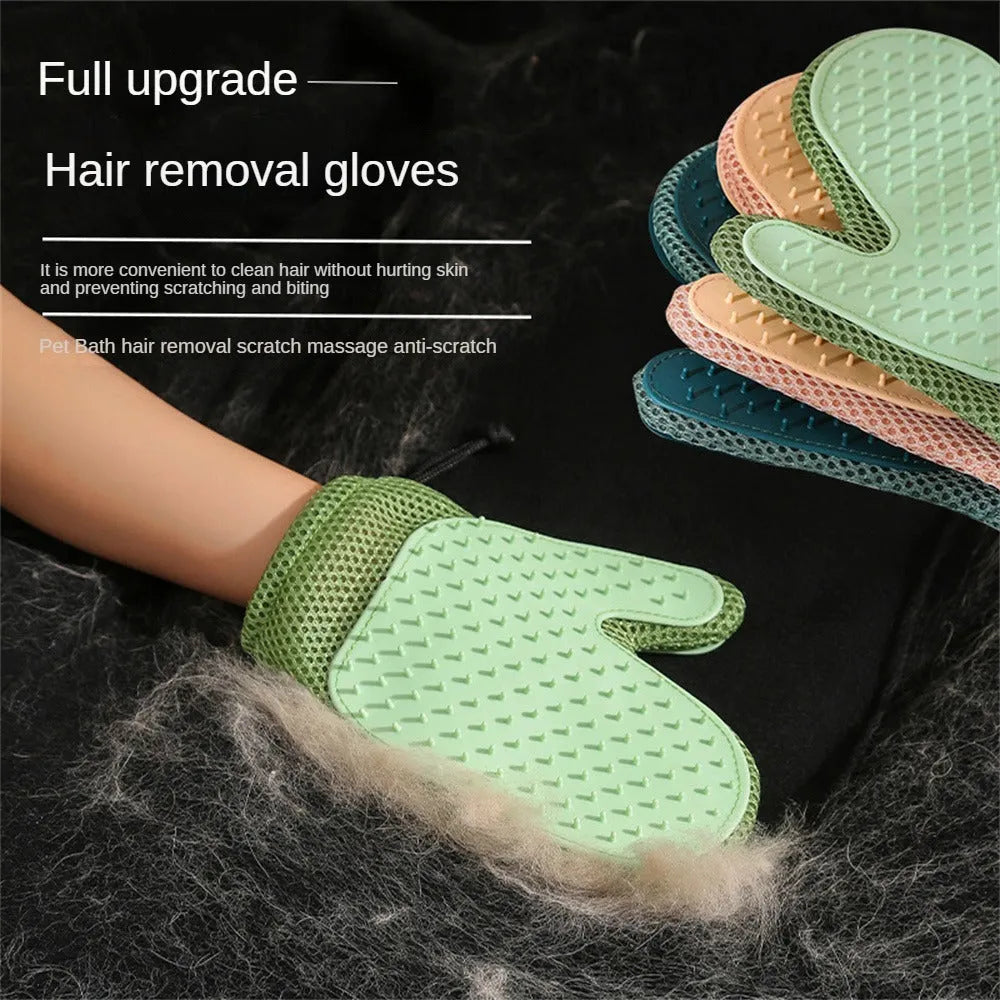 Dark blue pet grooming glove with textured TPR nibs for removing dog and cat hair.