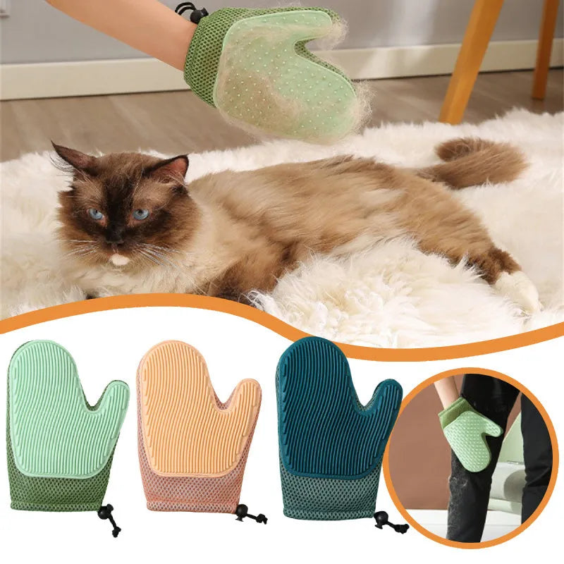 Dark blue pet grooming glove with textured TPR nibs for removing dog and cat hair.