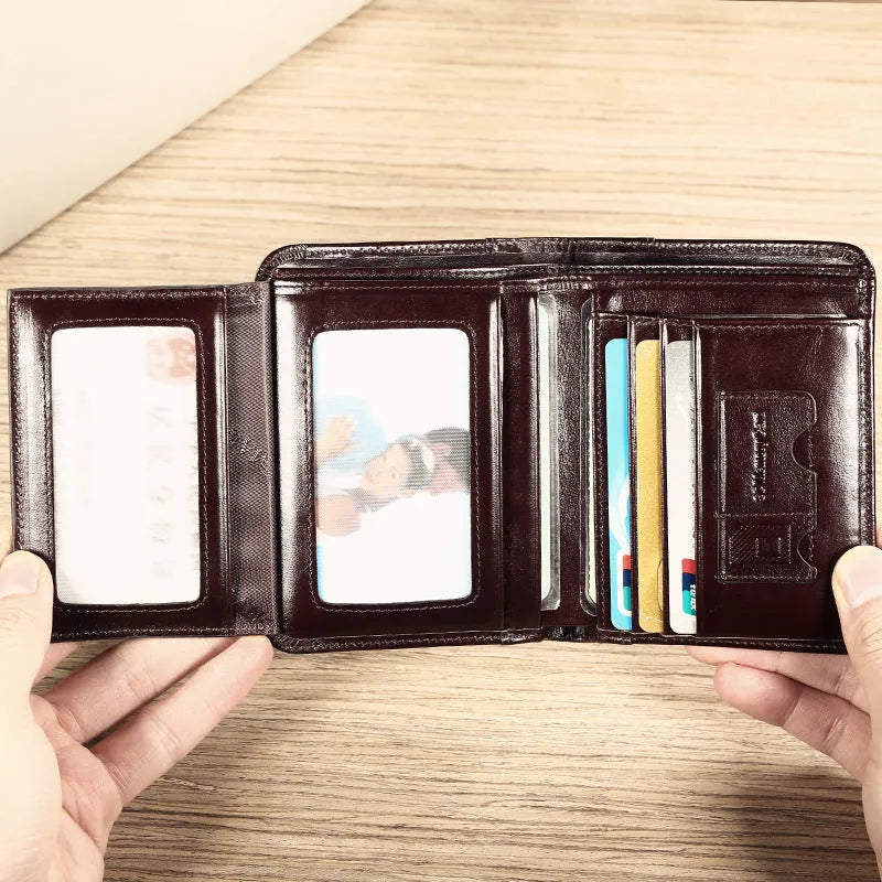Men's leather bi-fold wallet with RFID protection in black or coffee brown