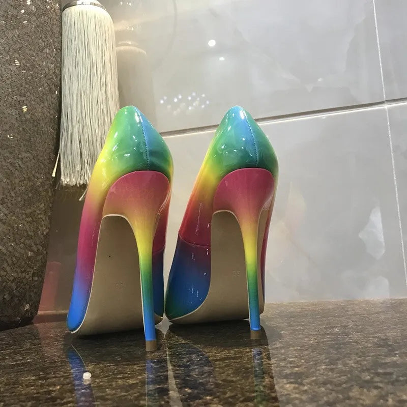 Rainbow patent leather women's high heels with thin ultra-high heels and pointed toes