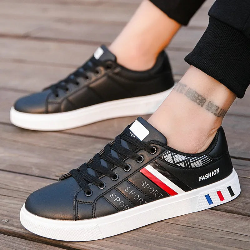 Men's black, grey, and white sports shoes showing side profile, with EU size tags 39-44 visible.