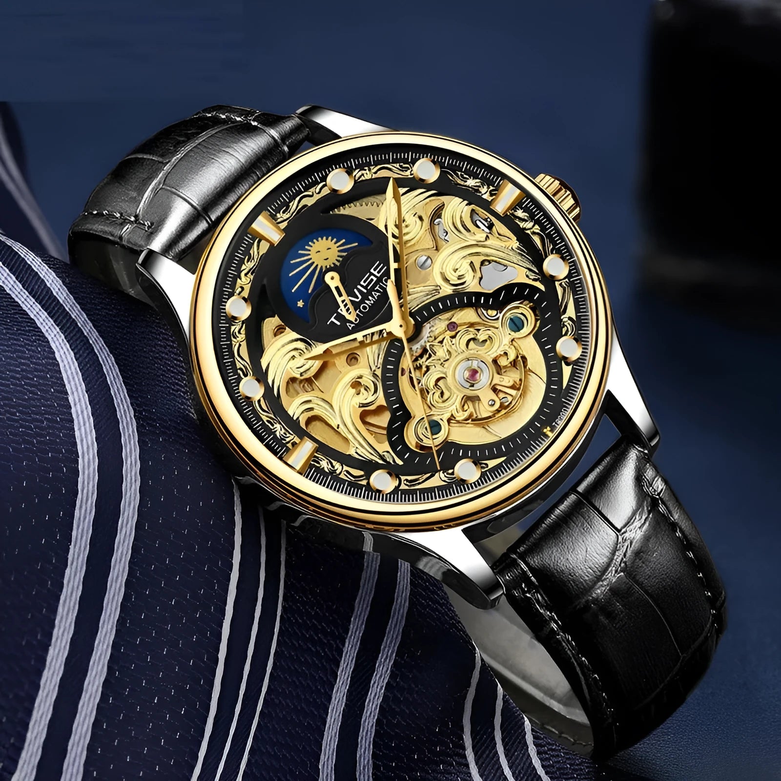 Men's gold and white leather strap automatic mechanical watch with waterproof design