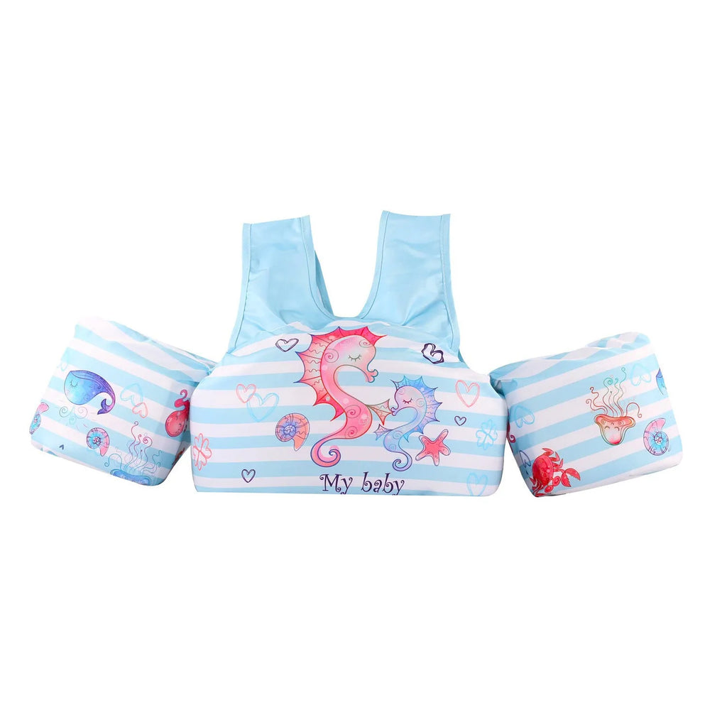 Cartoon children's swimsuit with integrated arm swimming rings in colourful watermelon pineapple design