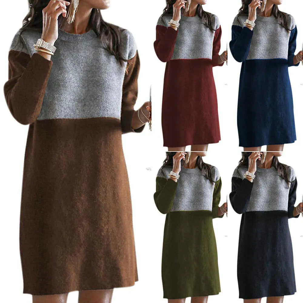 Brown women's long sleeve patchwork dress with a loose skirt silhouette and round neckline.