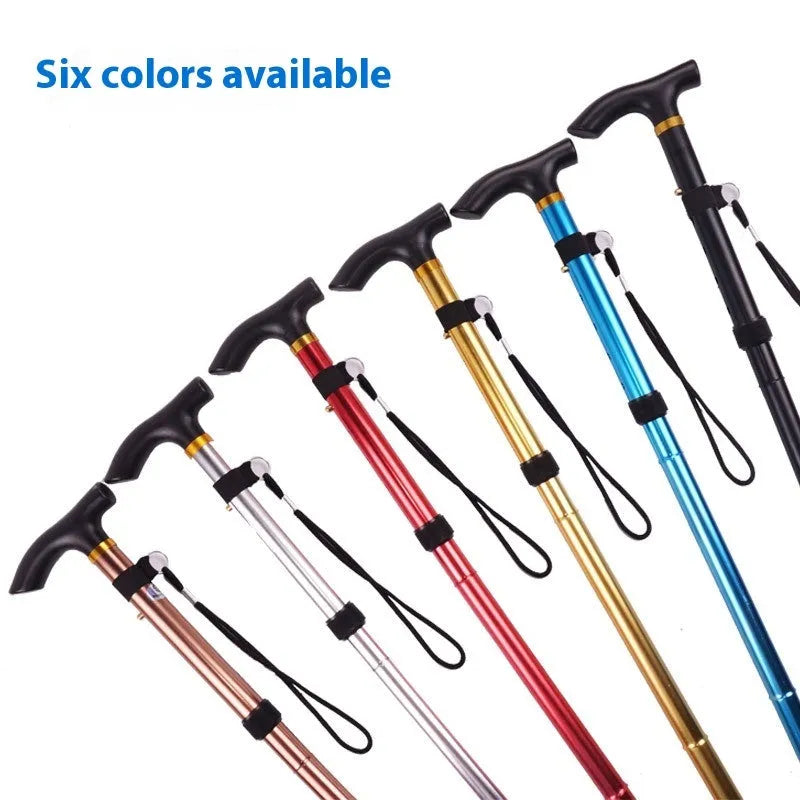 Adjustable aluminium folding walking cane in silver extended to show length, with non-slip handle.