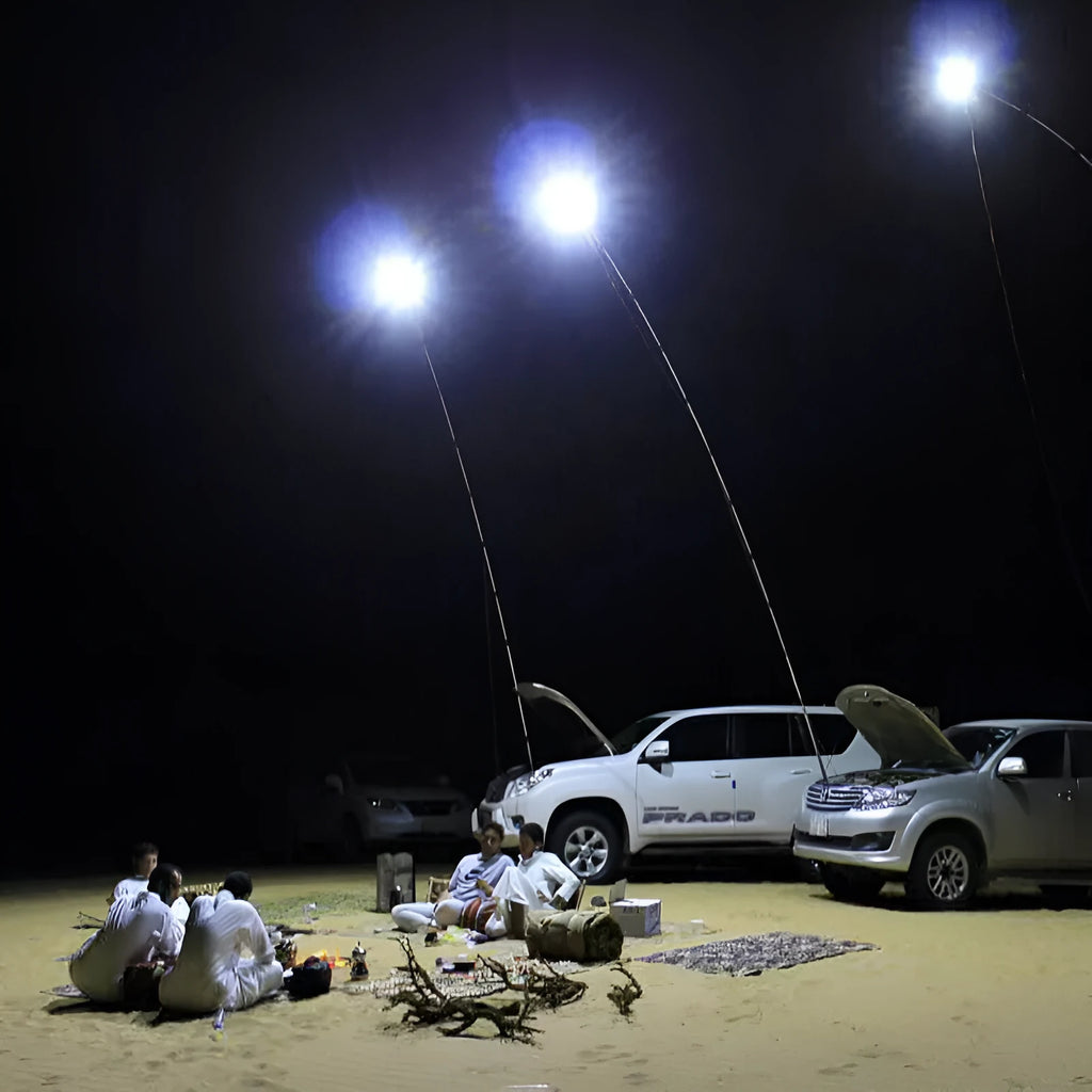 White LED fishing rod light panel mounted on a tall telescopic pole for outdoor use
