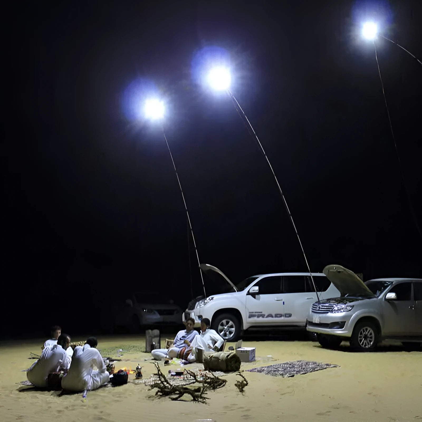 White LED fishing rod light panel mounted on a tall telescopic pole for outdoor use