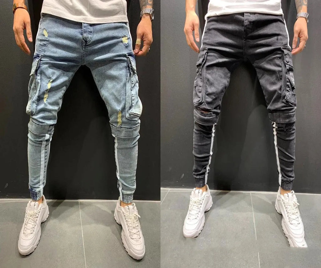 Men's denim knee-cut zipper trousers in black, front view, showing zipper placket and relaxed fit