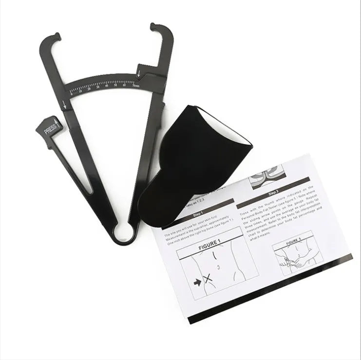 Black body fat measuring caliper instrument with measurement scale and cord