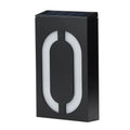 Solar powered house number light with LED illumination showing digit example on wall mounting