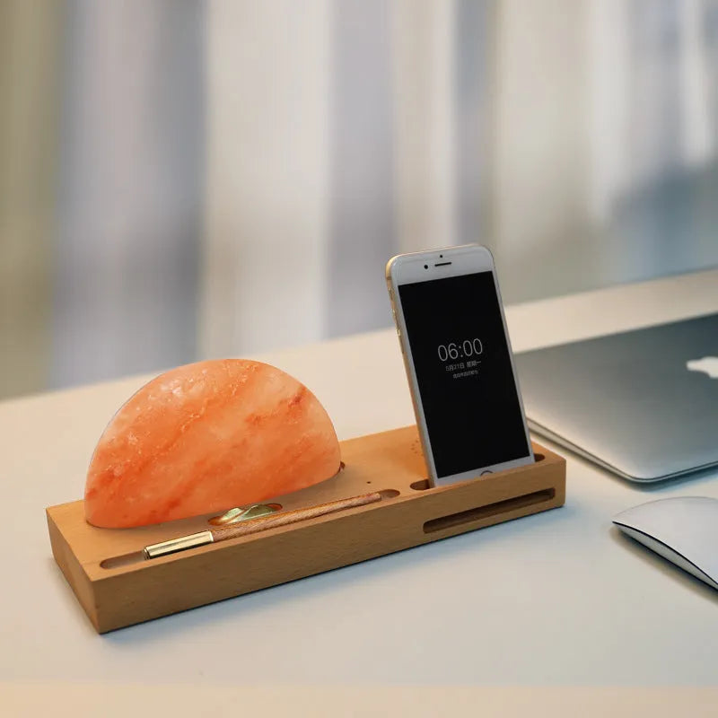 Sunrise Oriental wooden base table lamp with natural crystal salt shade and built-in wireless phone charging.