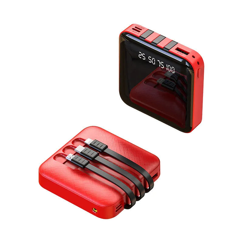 Mirror three-wire power bank with built-in cable in black or red, showing 80mm dimensions