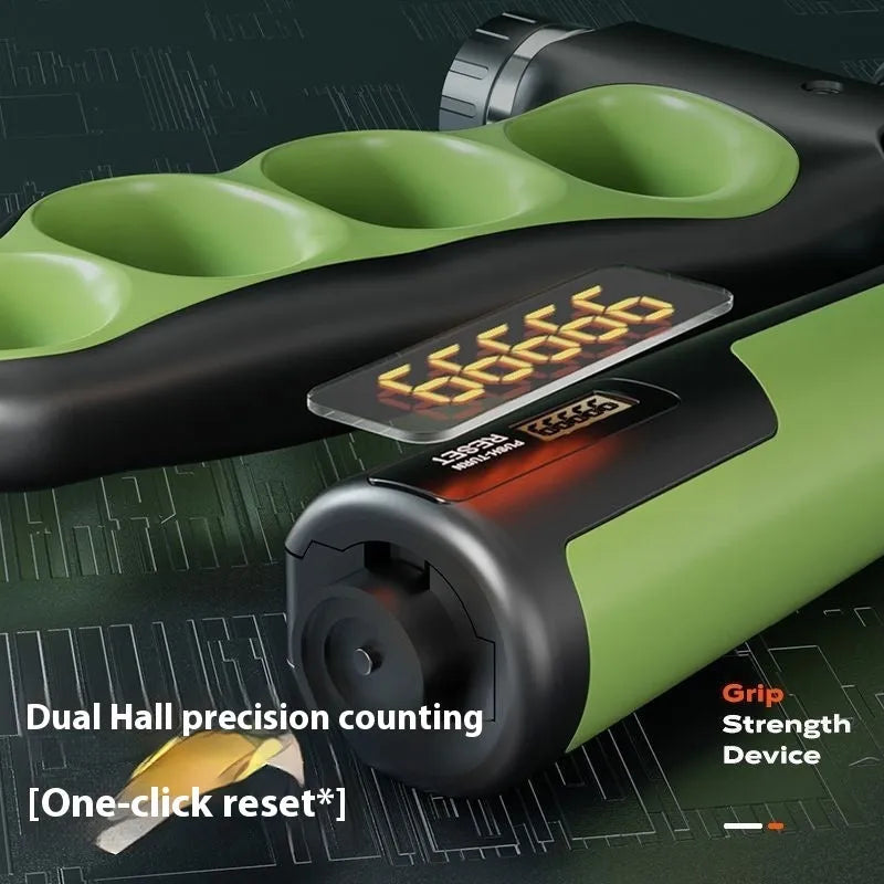 Adjustable five finger spring grip hand exerciser in green with electronic counting display showing 5-150kg range