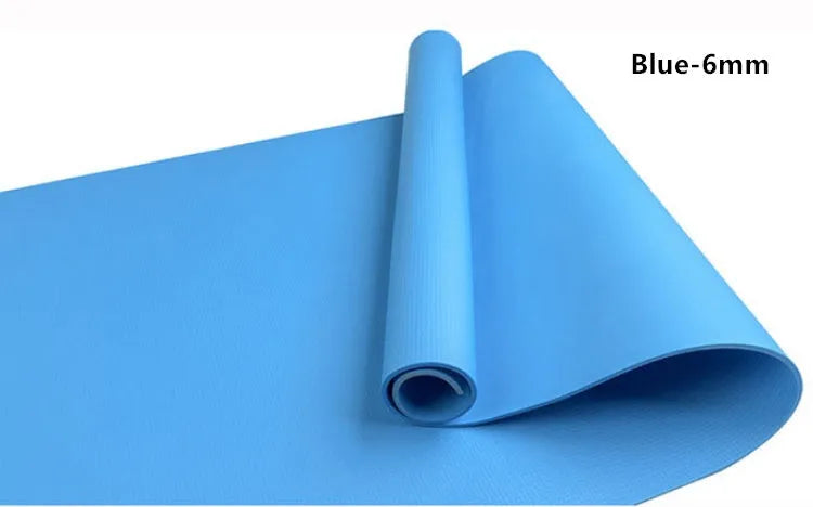 EVA yoga mat in blue showing thickness options of 4mm and 6mm for fitness exercises