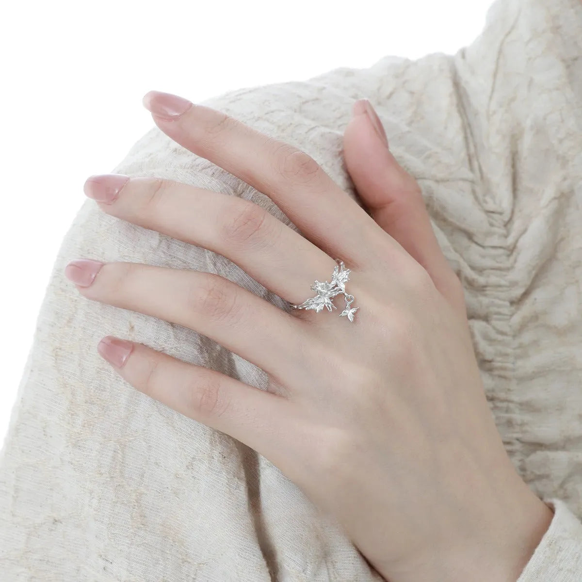 Silver butterfly ring with adjustable opening in 18K gold or white gold colour finish