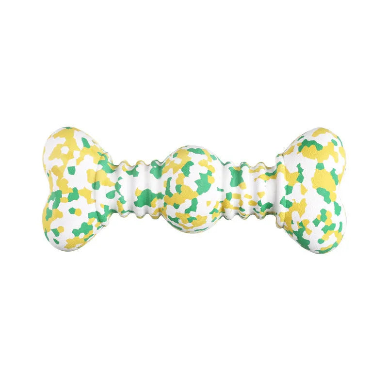 Large camouflage patterned natural rubber bone chew toy for dogs on a plain background.