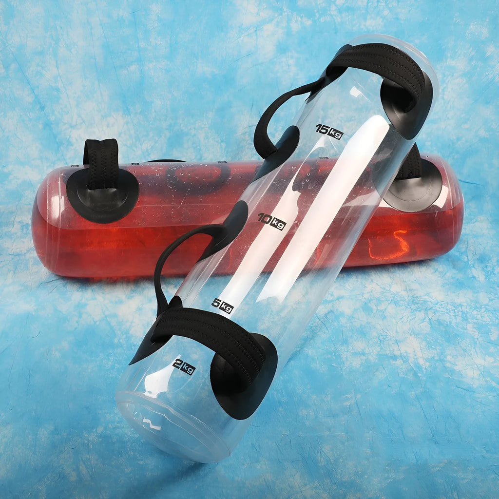 Transparent PVC water injection dumbbell bag showing adjustable weight system for portable strength training
