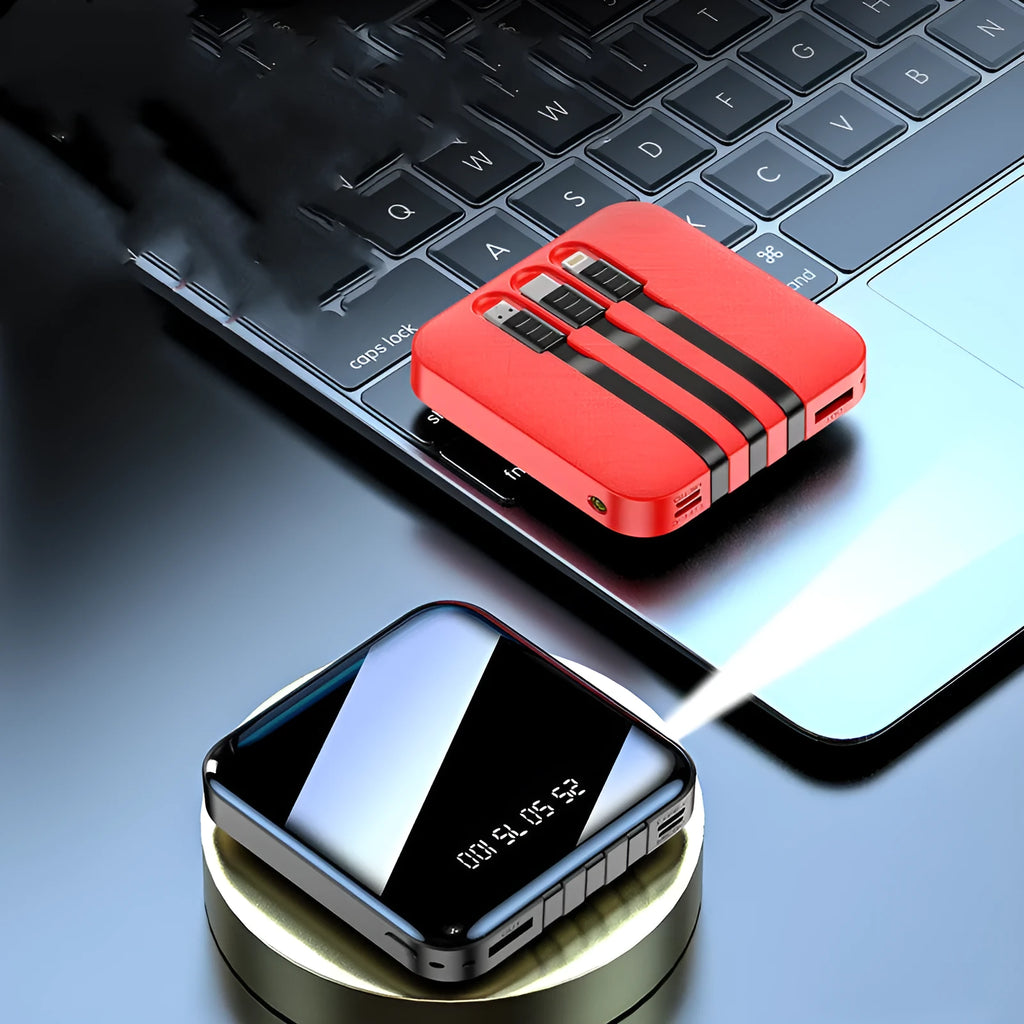 Mirror three-wire power bank with built-in cable in black or red, showing 80mm dimensions