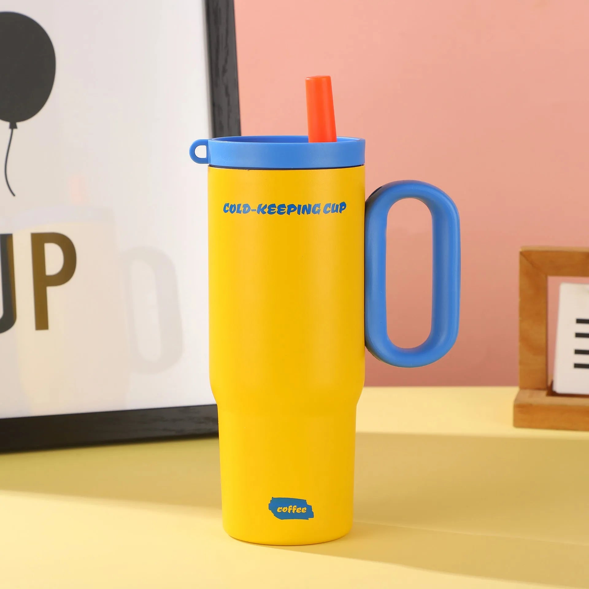 DIY Vitality large insulated straw cup with handle in five colour options: black, pink, sky blue, white, yellow.
