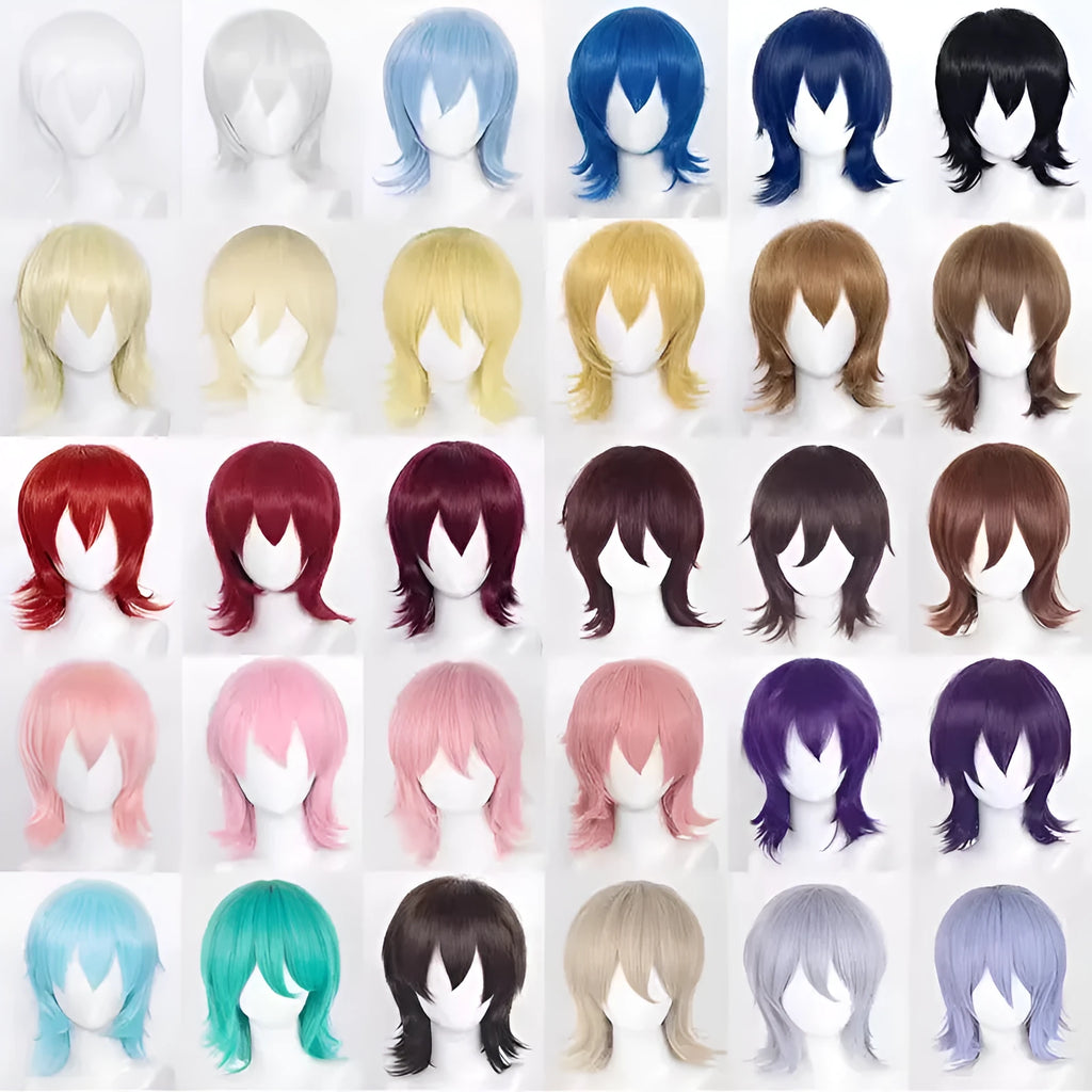 Short cosplay wig in synthetic fibre with anti-curling treatment for character costumes