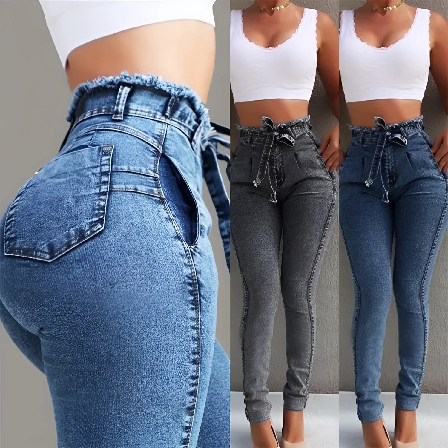 Pair of light blue jeans with a fringed raw hem on a mannequin.
