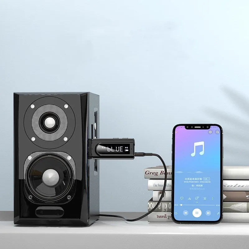 Black USB car FM Bluetooth receiver for wireless music streaming with USB and AUX input ports