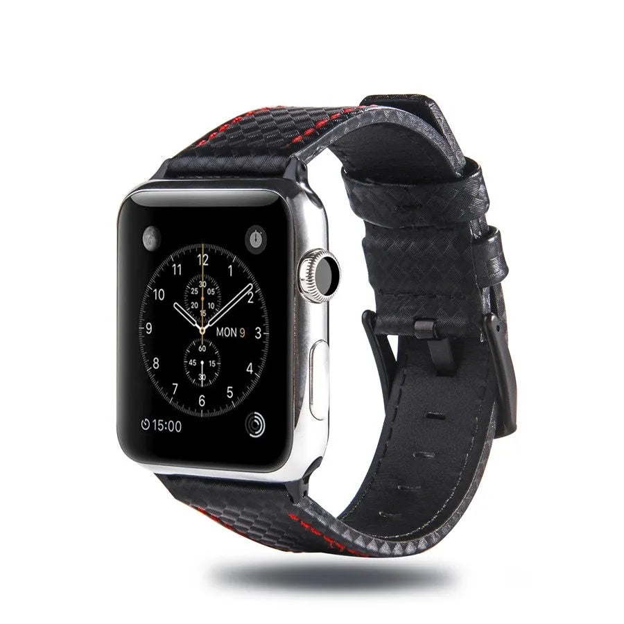 Carbon fibre and leather iPhone watch strap with PC hard shell case in red, black, orange, and blue thread options.