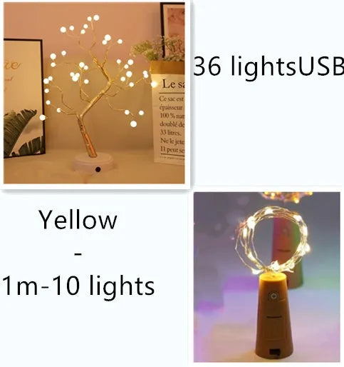 2 metre long copper wire LED light string wrapped around a glass wine bottle with 20 small white LEDs.