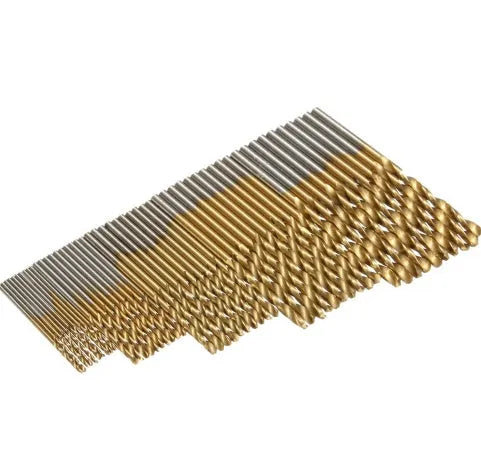 50-piece set of titanium coated high speed steel twist drill bits arranged in a case.