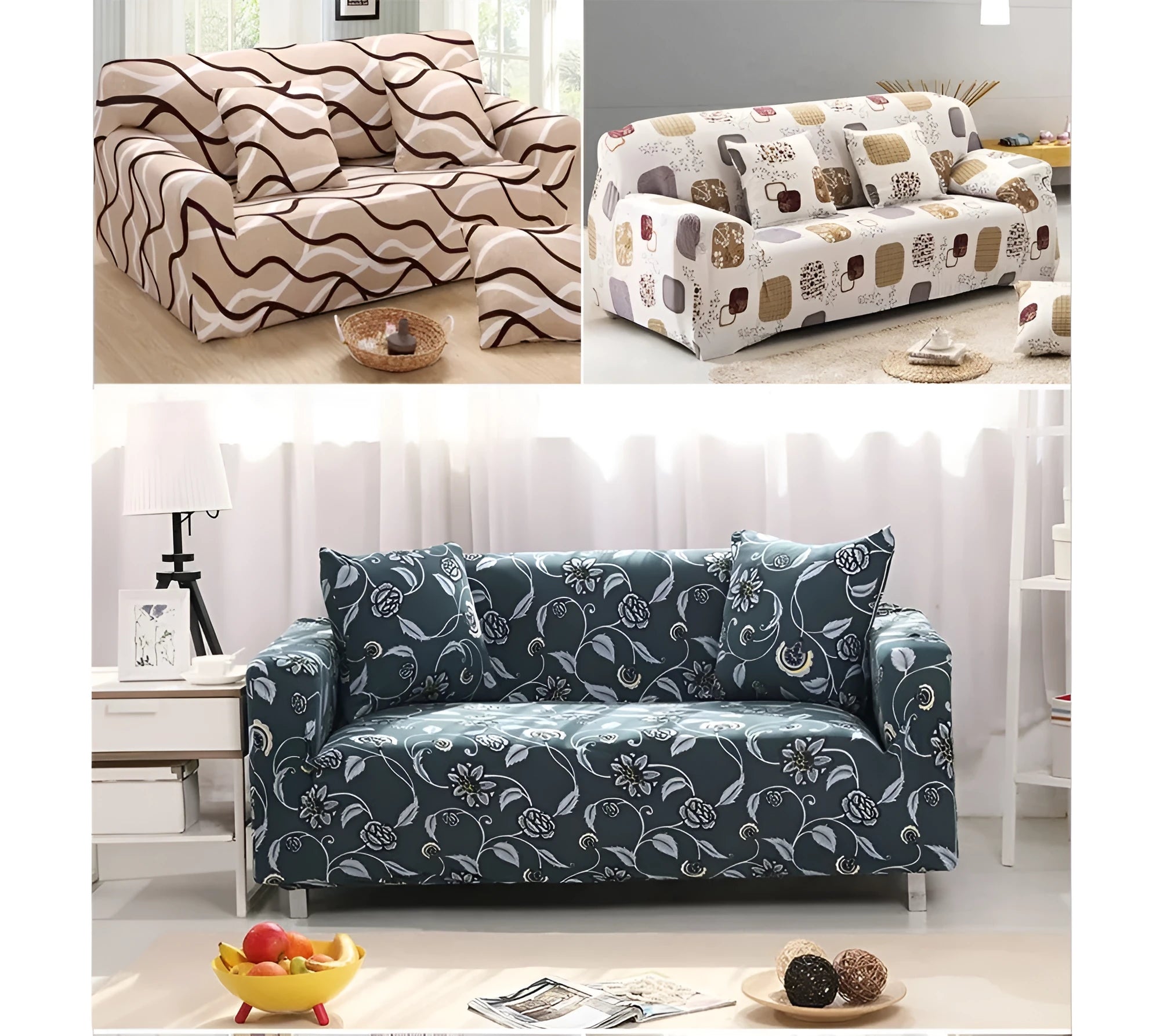 Stretch sofa cover in grey on a four-seater couch showing fitted corners and non-slip grip design