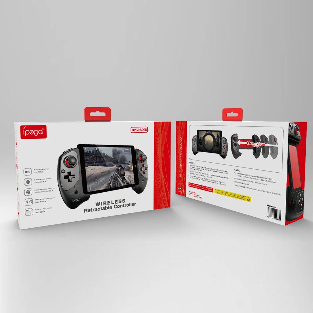 Red telescopic Bluetooth gamepad extended with phone inserted, showing USB cable
