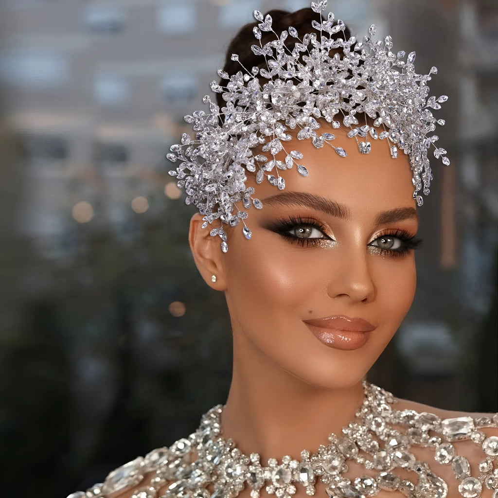 Heavy handmade rhinestone ice and snow queen wedding crown in silver with crystal beaded headband