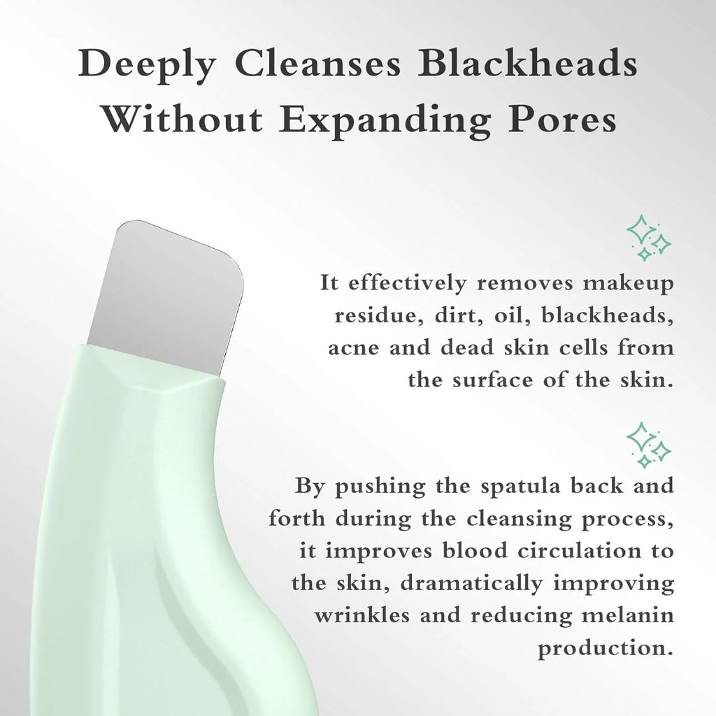 Green stainless steel blackhead scraper tool with a non-slip handle for facial pore cleaning.