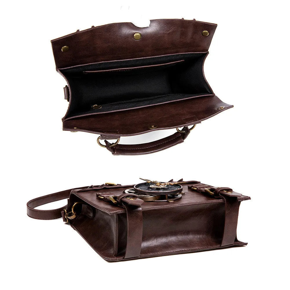 Bronze steampunk industrial retro shoulder bag with horizontal square pillow design and metal accents