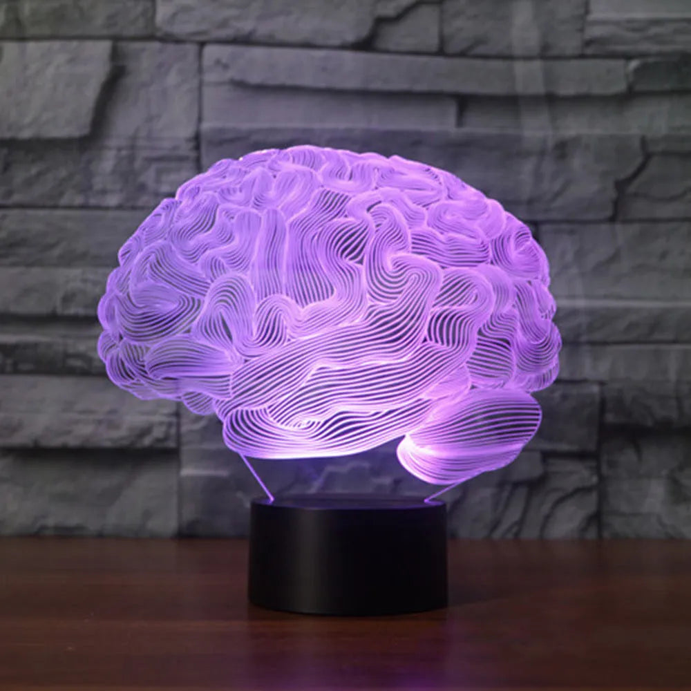 Brain design 3D acrylic LED desk lamp with remote control on a wooden surface