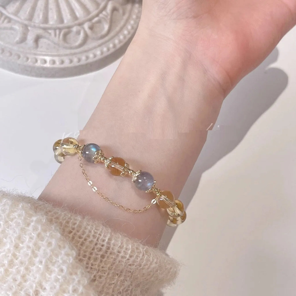 Women's Chinese style crystal bracelet with 14K gilded electroplating and diamond shaped beads
