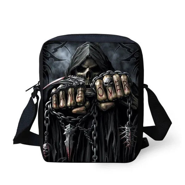 Skull pattern children's messenger bag in assorted colours with double shoulder straps.