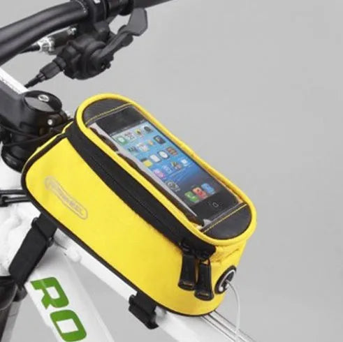 ROSWHEEL bicycle frame bag with phone holder in black mounted on bike frame
