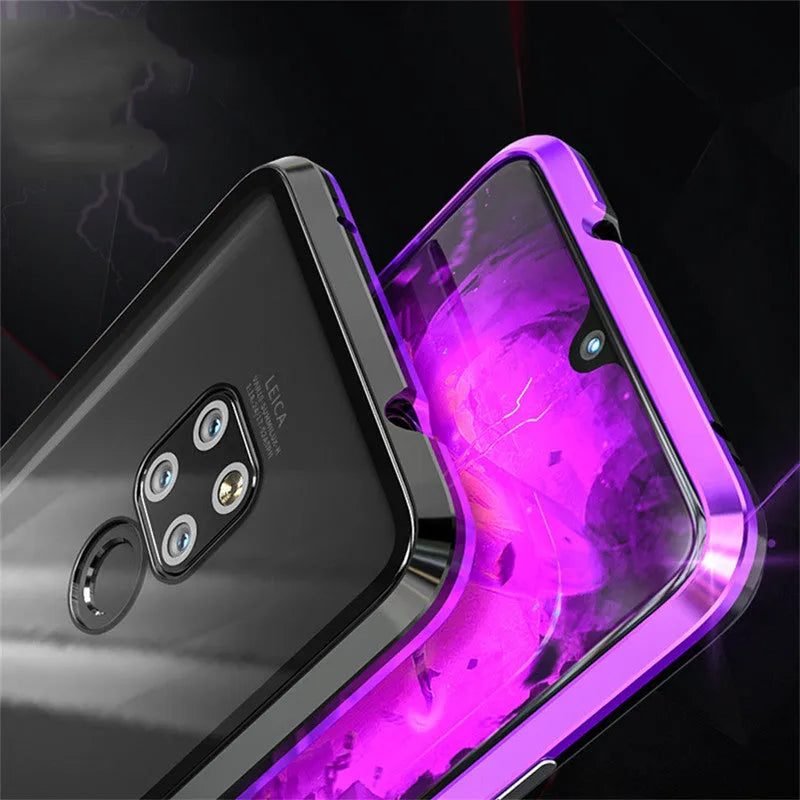 Black magnetic Huawei phone case with metal frame and clear tempered glass back