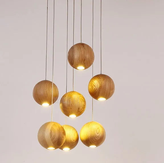 Nordic style wood ball chandelier pendant lamp with solid wood construction and adjustable hanging height